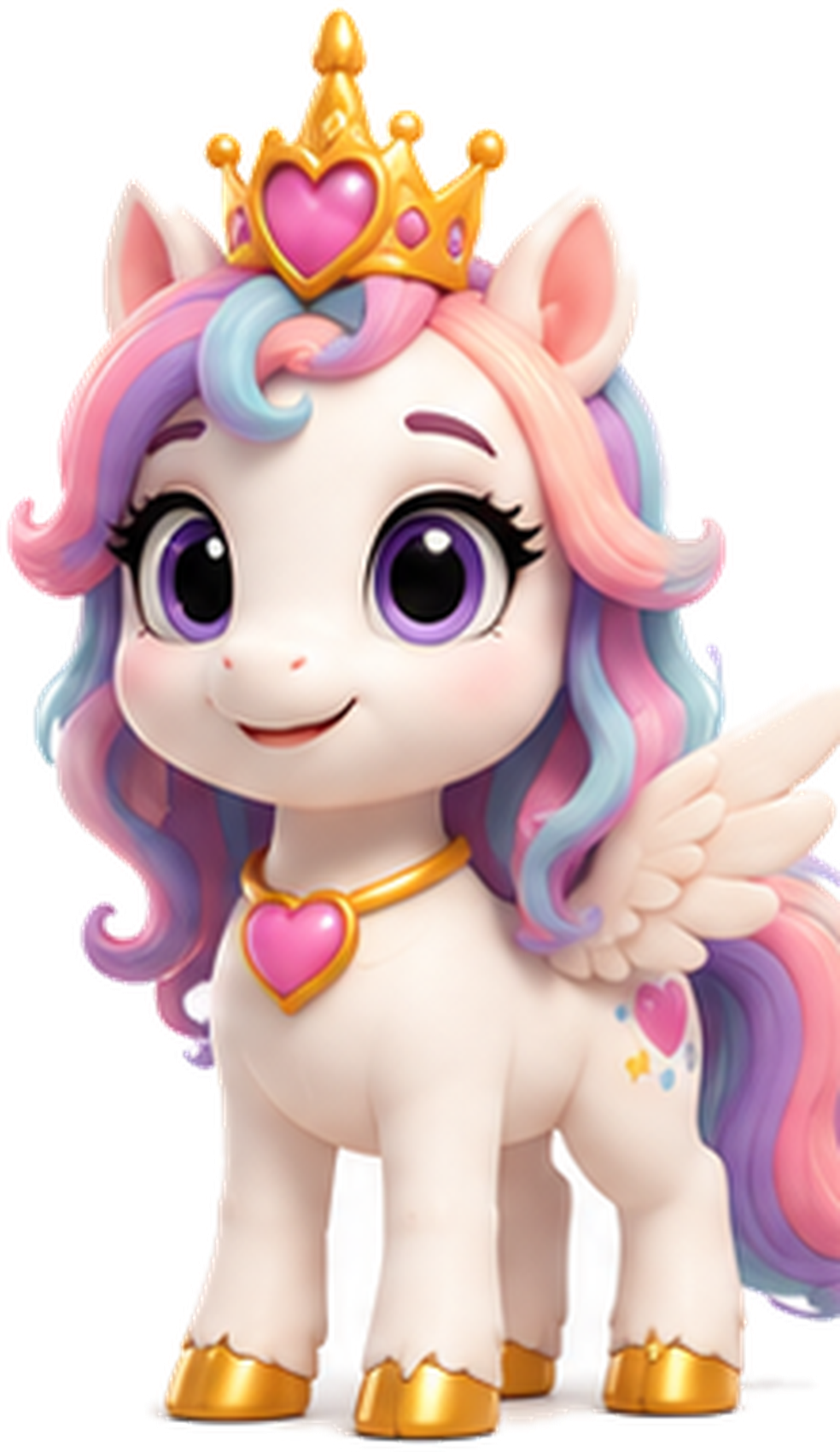 Yara, a white unicorn princess with a pastel-rainbow mane, butterfly wings, and a golden crown
