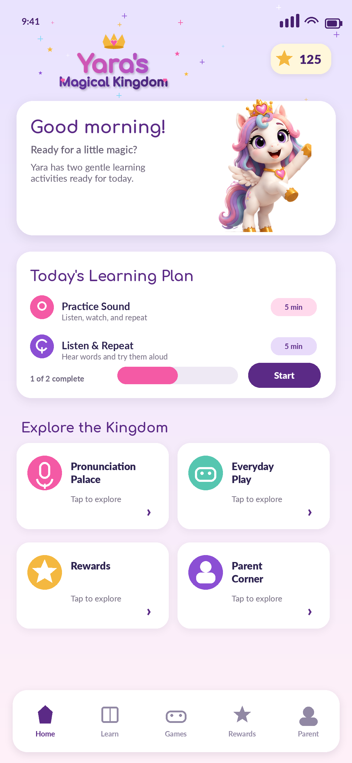 Yara's Magical Kingdom app dashboard preview