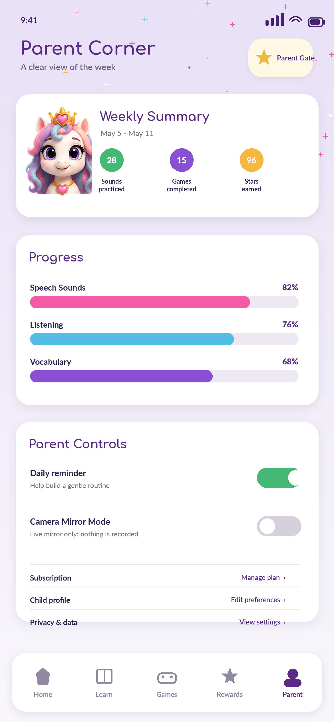 Parent-friendly progress summaries in the Parent Corner.