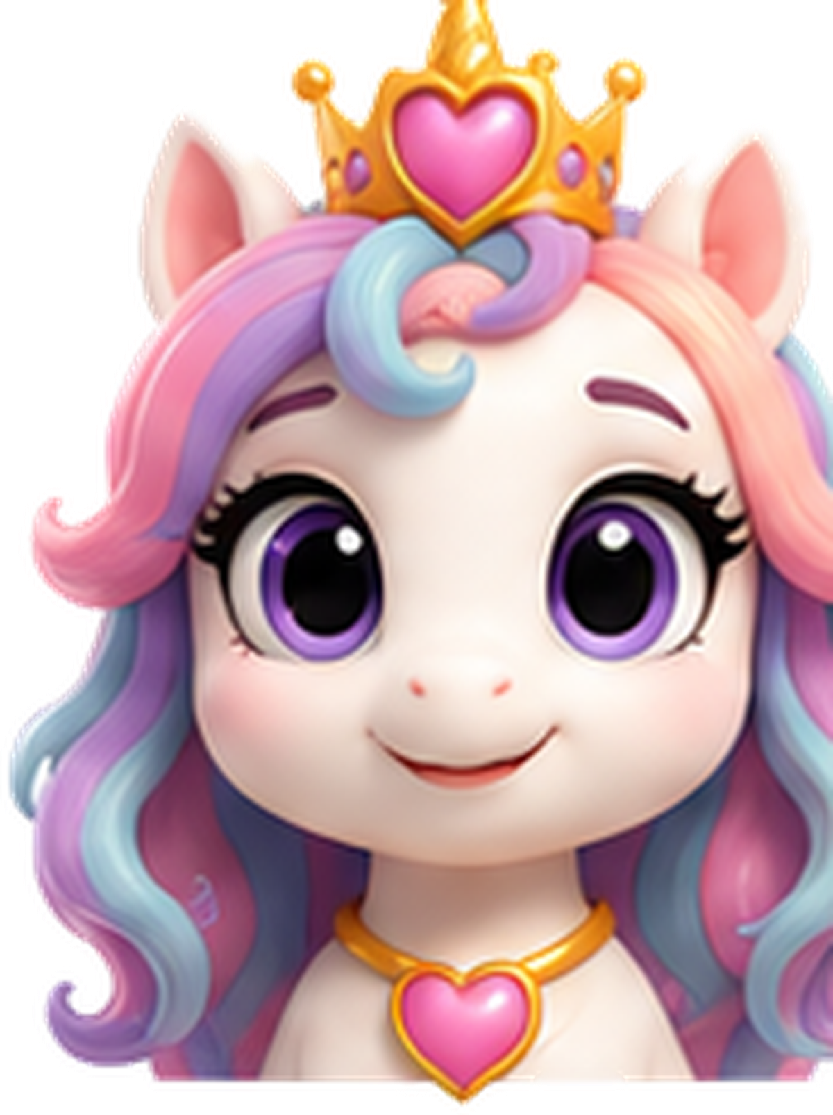 Close-up of Yara smiling with her golden crown and pink heart jewel